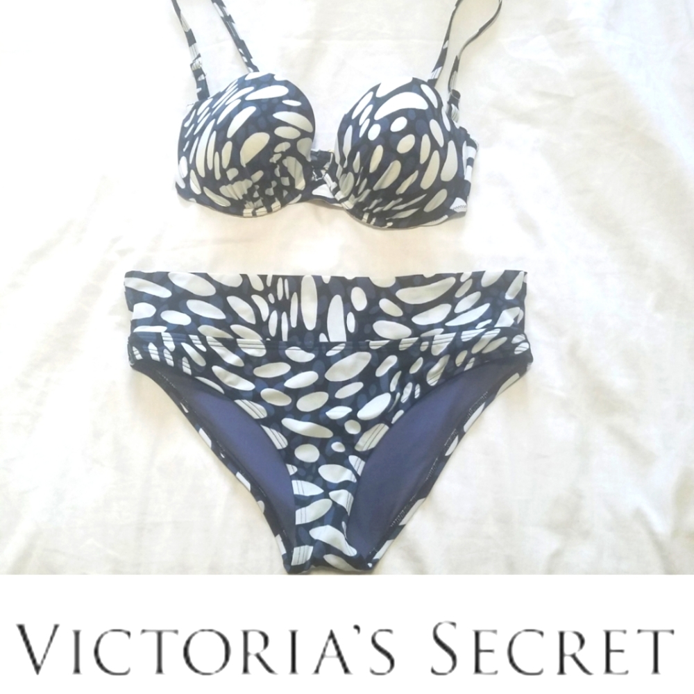 Victoria's Secret Black Blue White Print Bikini 36D push up top w/ sz M bottom